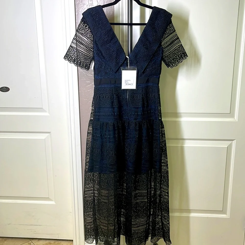 Self Portrait Spiral Panel Lace Midi Dress Navy Blue US Size 6 NEW - Picture 9 of 13